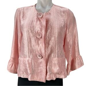 Ruby Rd Women's Petite Blazer 10P Pink Dress Jacket Button 3/4 Ruffle Sleeve